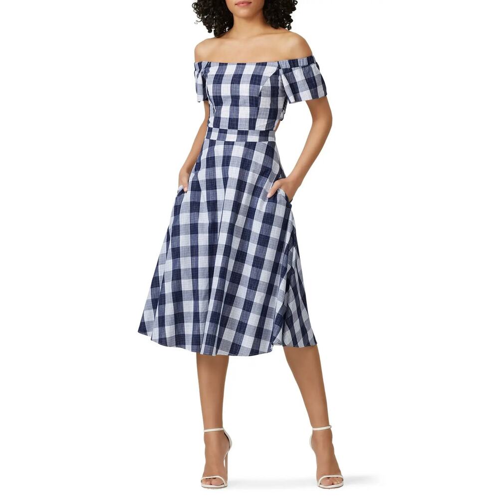 Adelyn Rae Daisy Dress Size Medium Gingham Off Shoulder Open Back Blue White - Picture 8 of 15